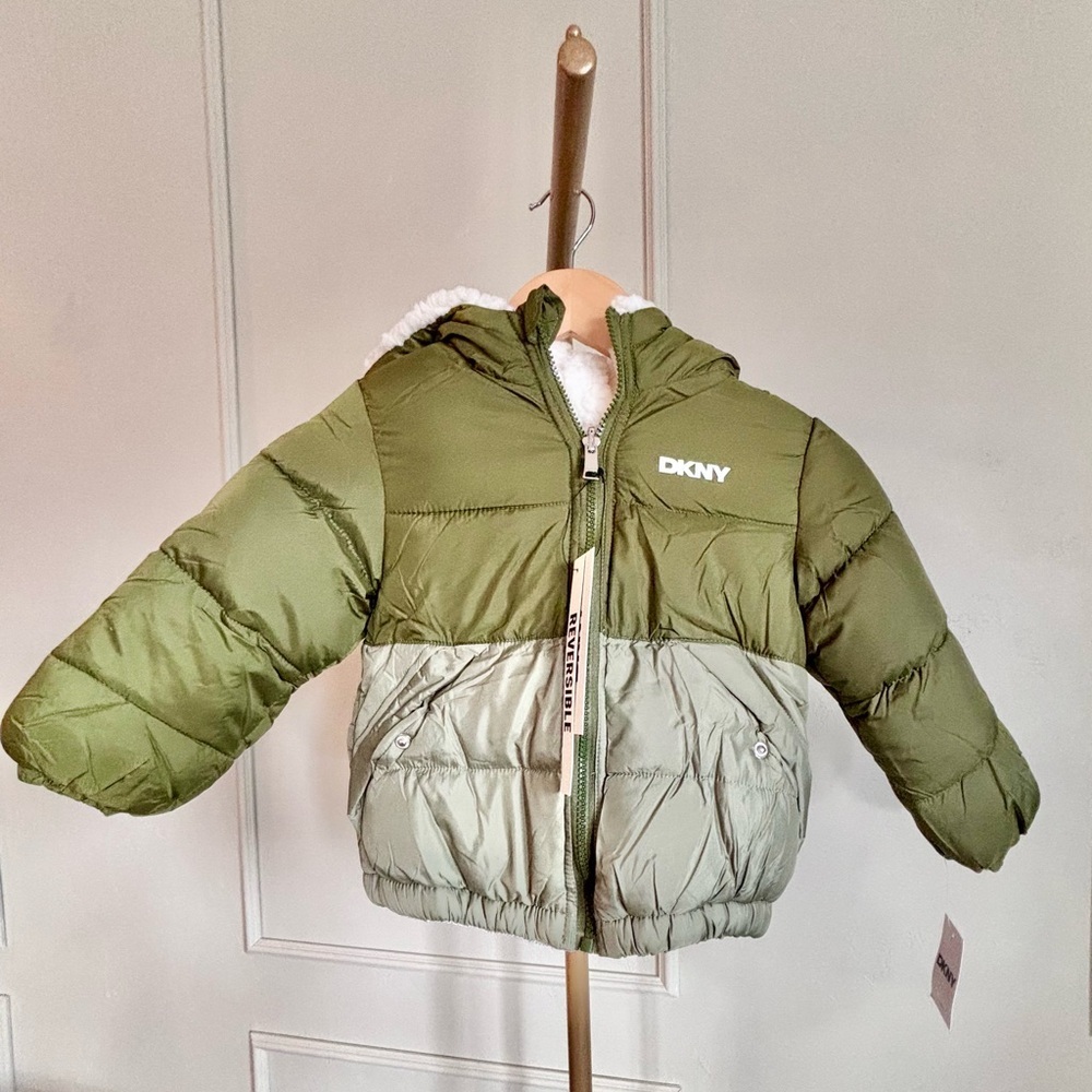 DKNY Puffer Jacket - Green Winter Coat Reversible Unisex MSRP $120